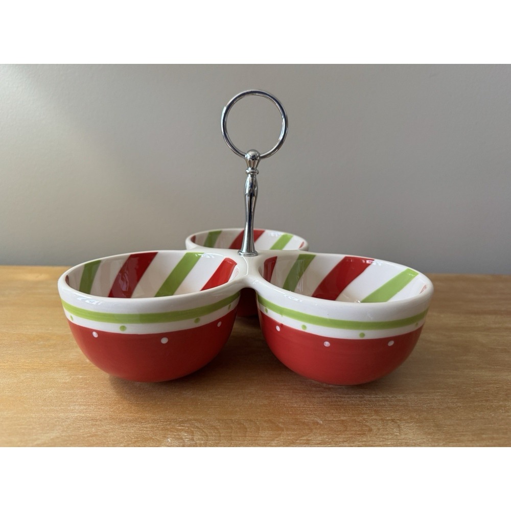 Celebrating Home Peppermint Twist 3 Section Bowl w/ Handle Christmas NEW